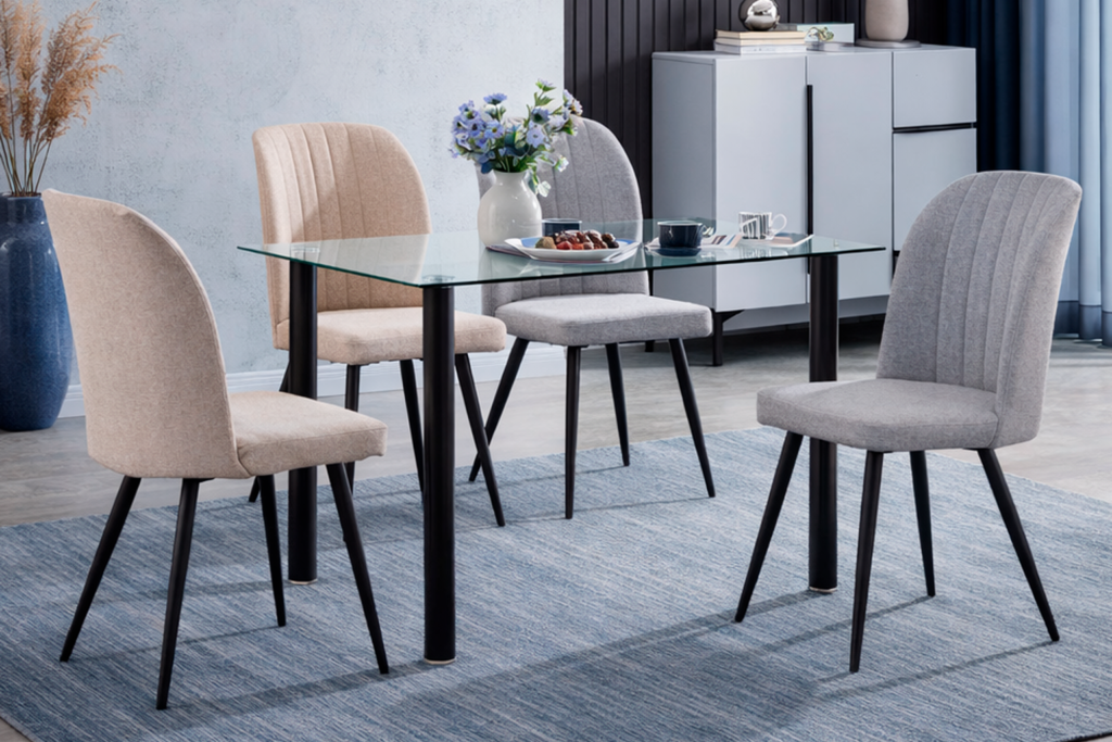 mesa yuri sillas rory colores crema y gris larga